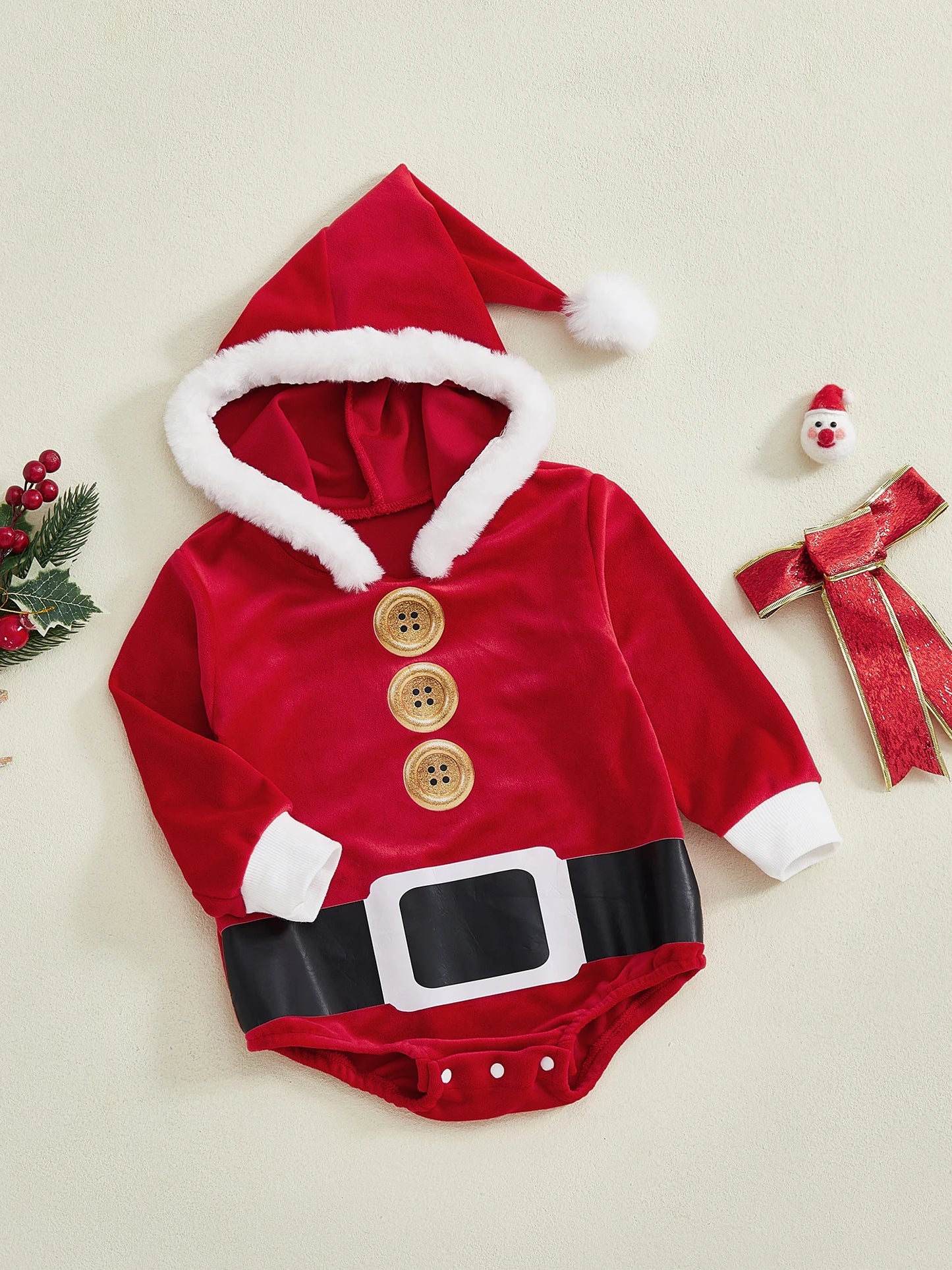 0-24M Infant Baby Red Christmas Rompers Fall Winter Cute Long Sleeve Plush Patchwork Hooded Jumpsuit for Girls Boys