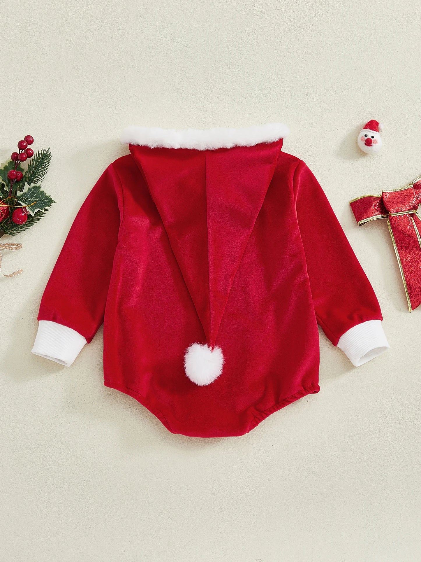 0-24M Infant Baby Red Christmas Rompers Fall Winter Cute Long Sleeve Plush Patchwork Hooded Jumpsuit for Girls Boys