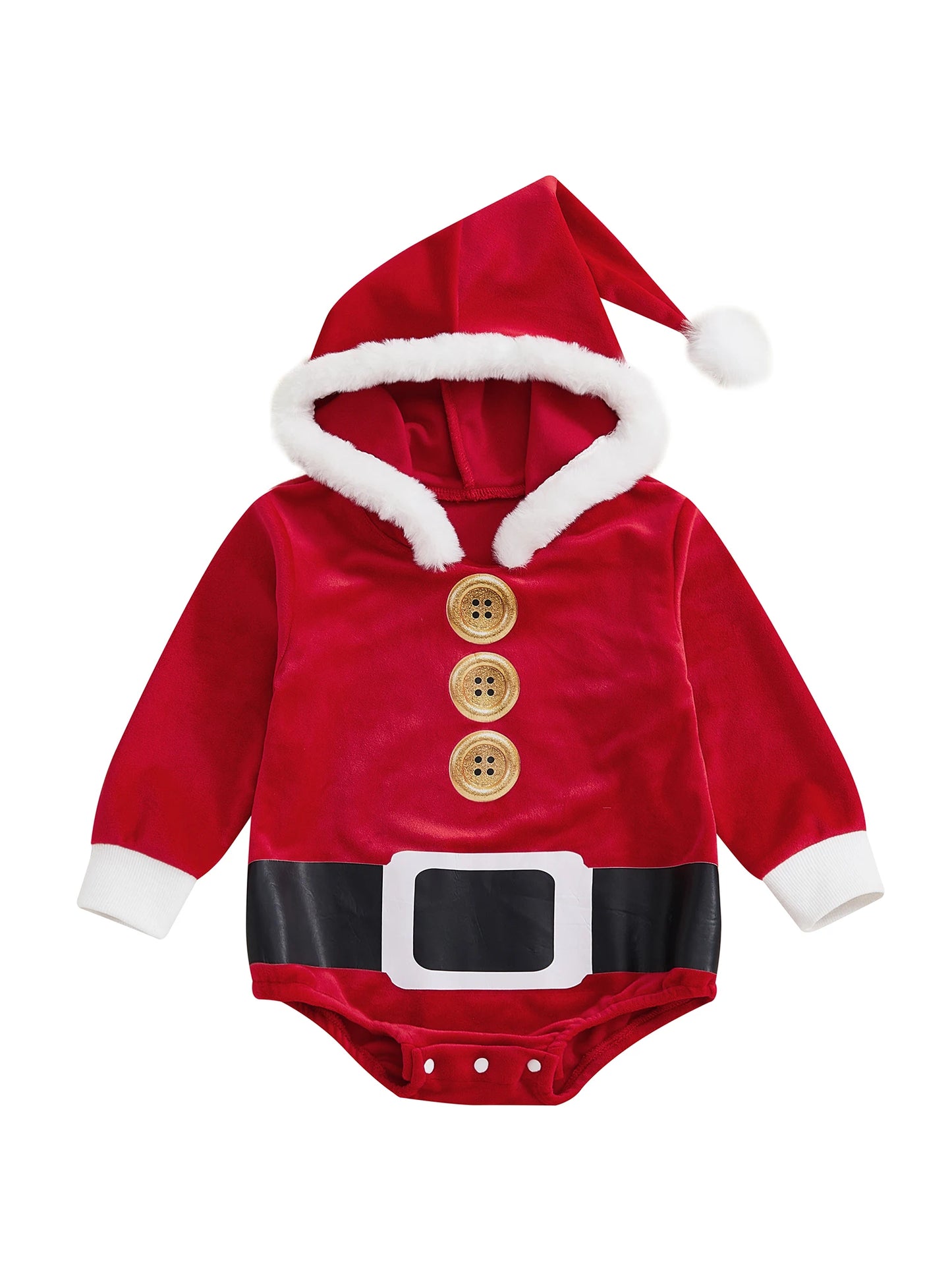 0-24M Infant Baby Red Christmas Rompers Fall Winter Cute Long Sleeve Plush Patchwork Hooded Jumpsuit for Girls Boys