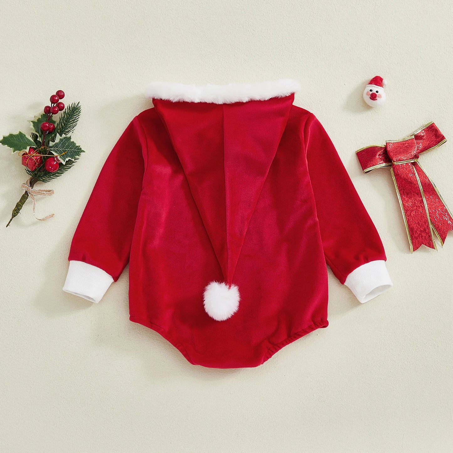 0-24M Infant Baby Red Christmas Rompers Fall Winter Cute Long Sleeve Plush Patchwork Hooded Jumpsuit for Girls Boys