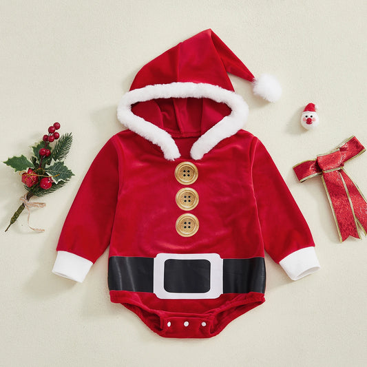 0-24M Infant Baby Red Christmas Rompers Fall Winter Cute Long Sleeve Plush Patchwork Hooded Jumpsuit for Girls Boys