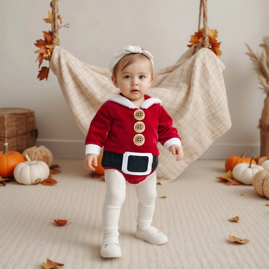 0-24M Infant Baby Red Christmas Rompers Fall Winter Cute Long Sleeve Plush Patchwork Hooded Jumpsuit for Girls Boys