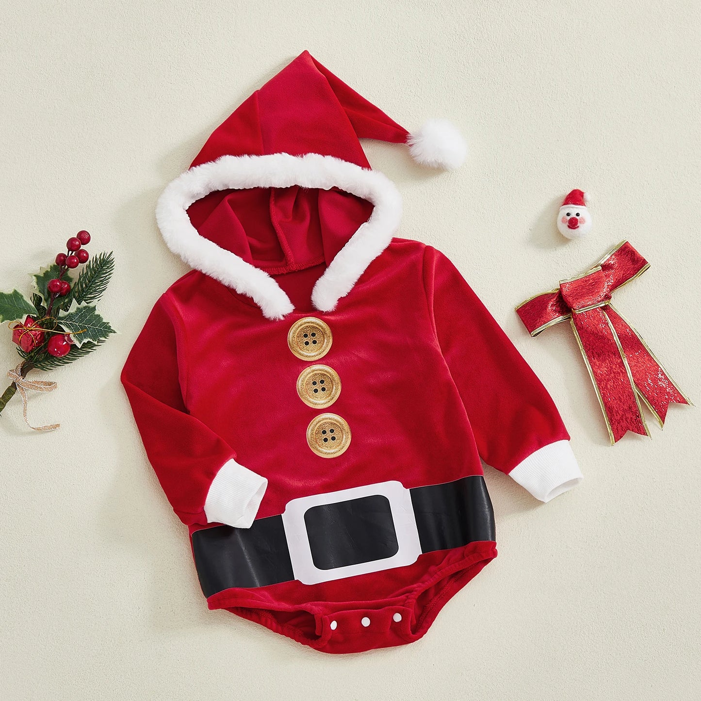 0-24M Infant Baby Red Christmas Rompers Fall Winter Cute Long Sleeve Plush Patchwork Hooded Jumpsuit for Girls Boys